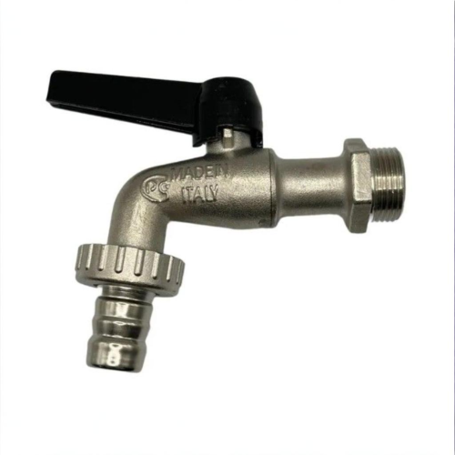 Кран шаровый латунный угловой стандартнопроходной с ручкой-рычагом НР-штуцер Ру 16 Bugatti 689 Bugatti 14 мм 3/4" в Тюмени