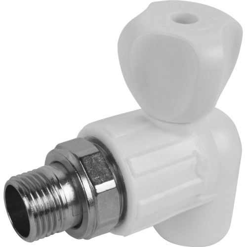 Кран полипропиленовый PP-R запорный угловой стандартнопроходной НР белый для радиатора Ру 25 VALFEX 20 мм 1/2" ГОСТ 32415-2013 в Тюмени
